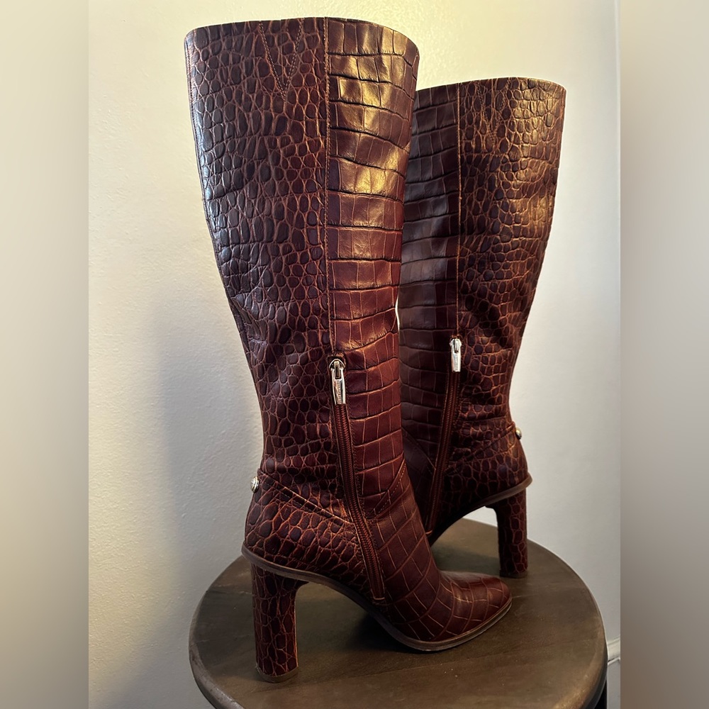Vince Camuto Dark Brown Croc-Embossed Knee Boots - Picture 4 of 5
